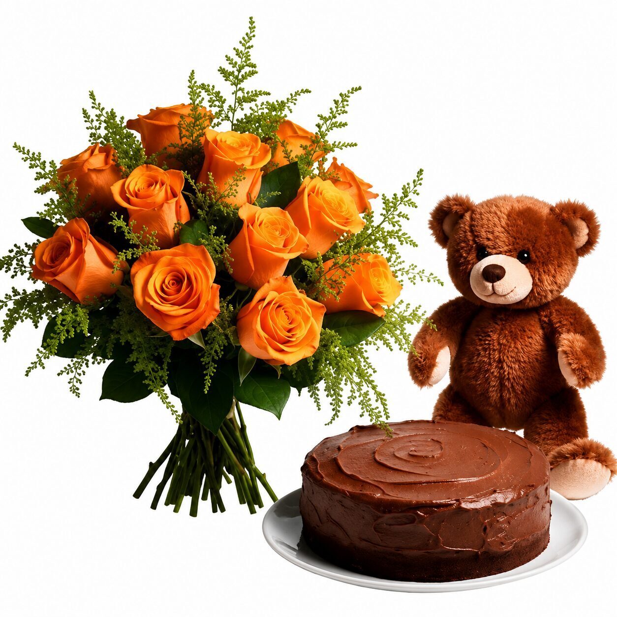 Orange bouquet with teddy and chocolate cake (Refined)