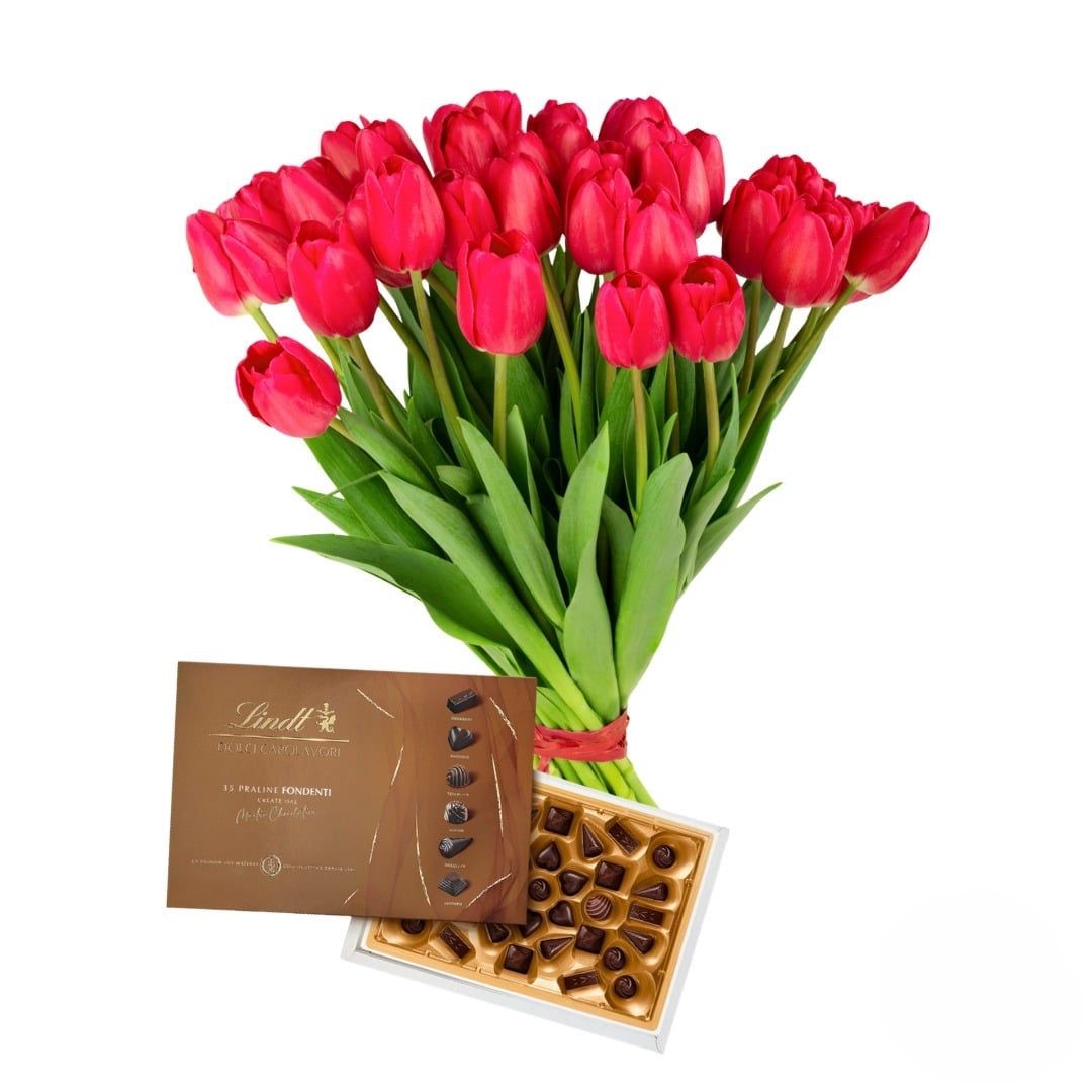 Bouquet of red tulips with box of chocolates (Refined)