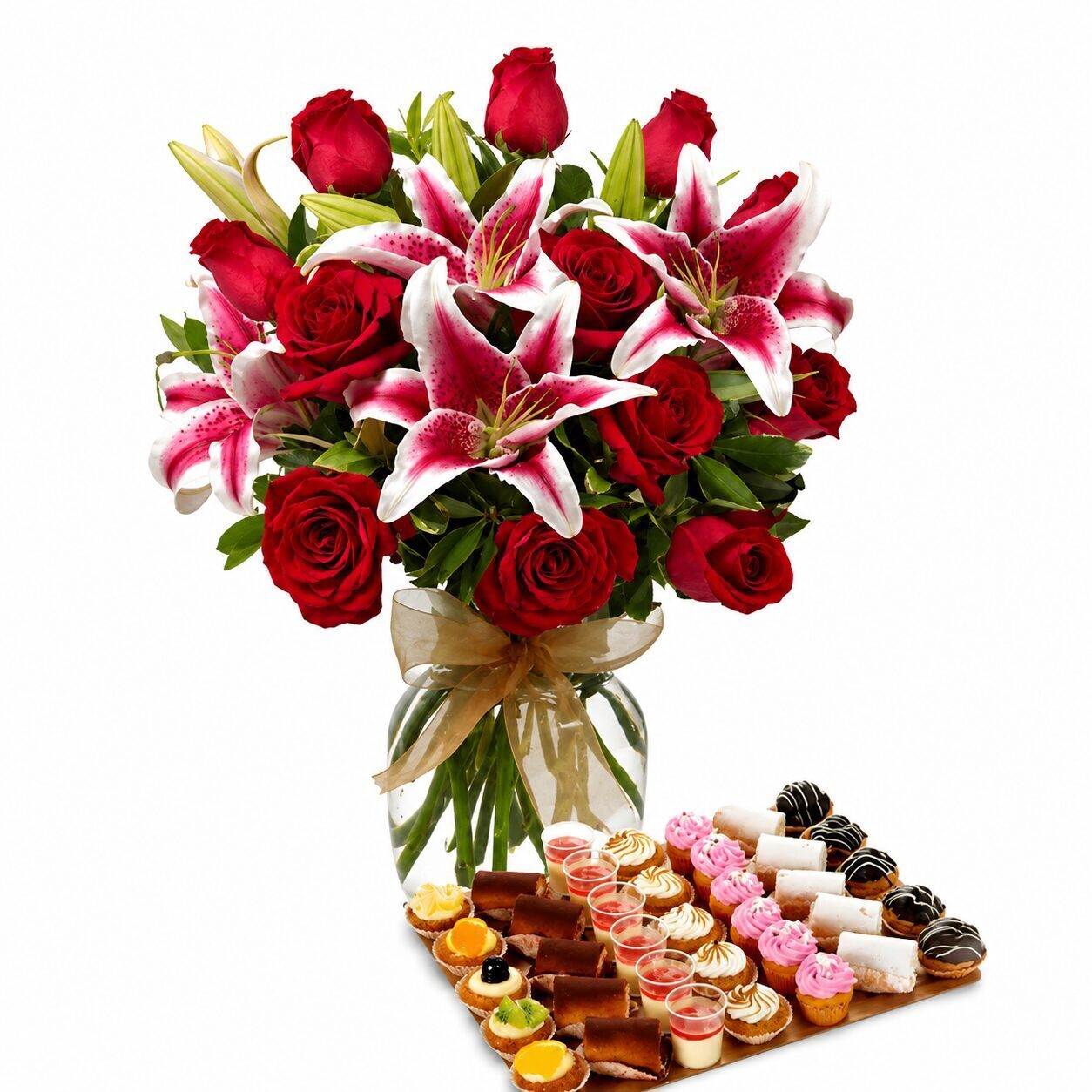 Bouquet of red roses and pink lilies with sweets (Refined)