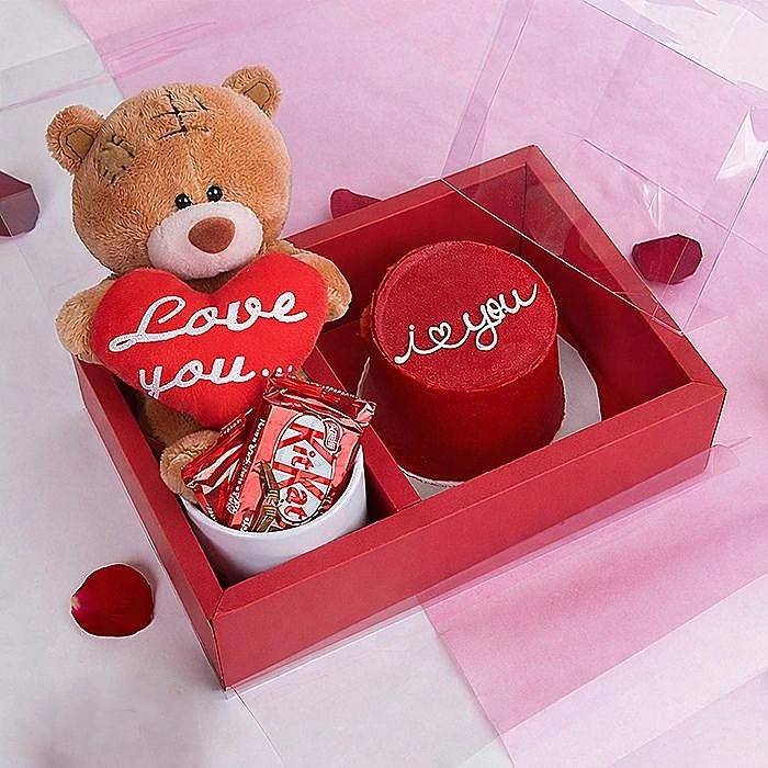 To My Better Half Bento Cake, Kitkat Chocolates, Mug With Cuddly Teddy Combo