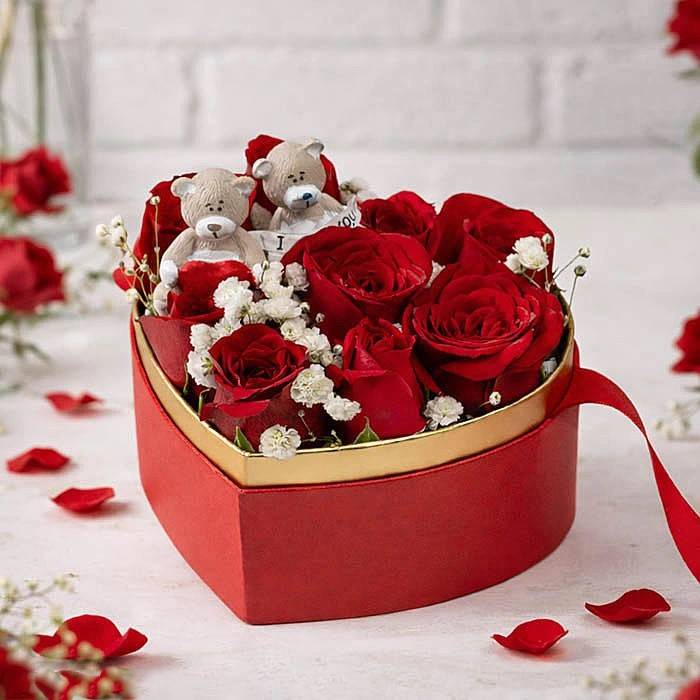 Love On Fire - Heart Box Flower Arrangement
