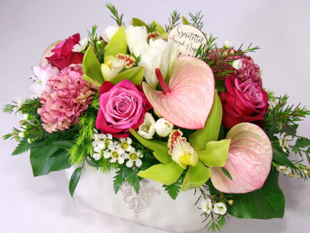 For mother! - flower pot with orchids and roses, in a decorative ceramic bowl