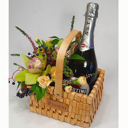 Flower basket with orchids and Martini champagne