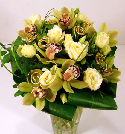 Green and gold - gift bouquet with orchids and lisianthus