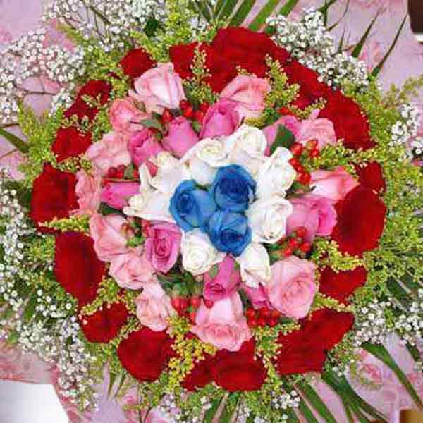 99 Roses  3 Blue 10 White 40 Peach 46 Red Hand Bouquet