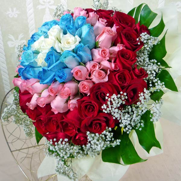 99 Roses  5White20Blue33Peach41Red Hand Bouquet