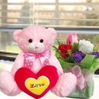 3 Roses standing bouquet With 15cm Bear