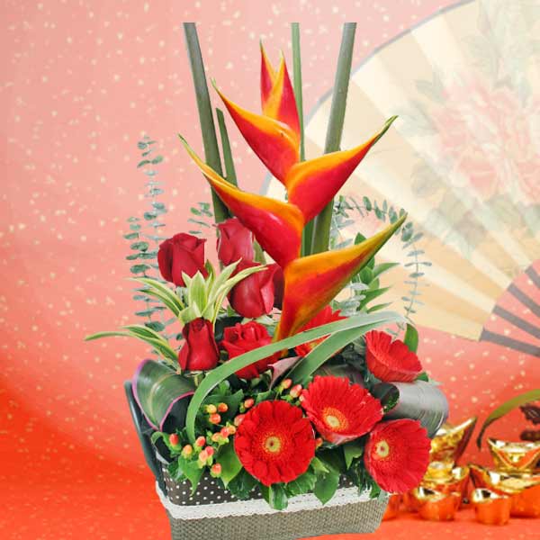 Heliconia And  Red Roses Table Arrangement