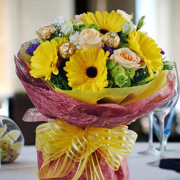 Gerbera, Champagne Rose And  Rocher Bouquet