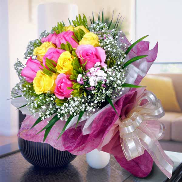 6 Pink 6 Yellow Roses Handbouquet Pls Order 1 Day In Advance