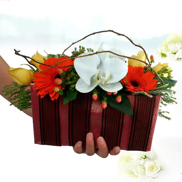 Phalaenopsis Orchids, Roses And  Gerberas Handbag Bouquet