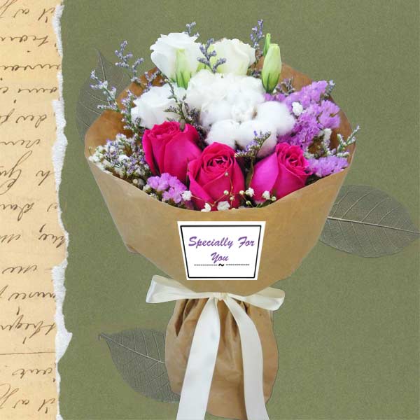 Cotton Flower And  3 Hot Pink Roses Small Hand Bouquet