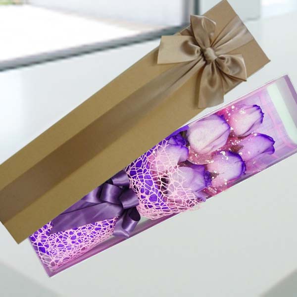 6 Purple Roses In Gift Box