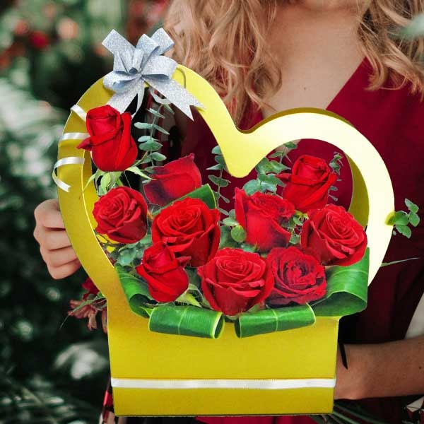 10 Red Roses Arrangement In Heart Shape Handle Flower Gift Box