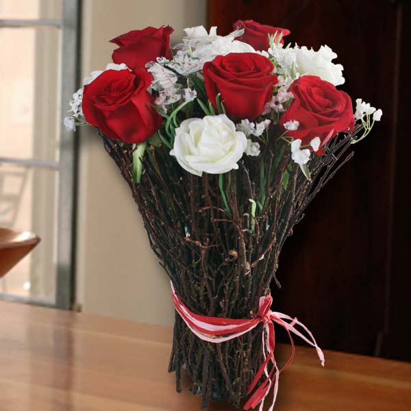 5 Red Roses With Artificial White Roses Standing Bouquet
