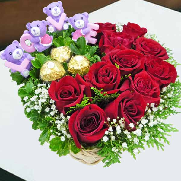 Love Bear, 3 Rocher And  11 Red Roses Small Table Arrangement