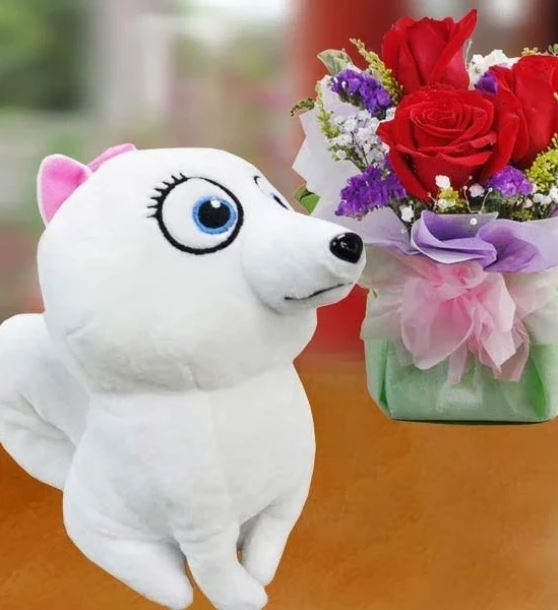 18cm Snow-White Puppy & 3 Red Roses Standing Bouquet
