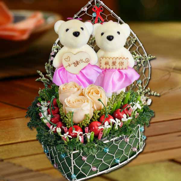 Fresh Roses, Artificial Cherry Berry And  Bears In Heart-Shape Container