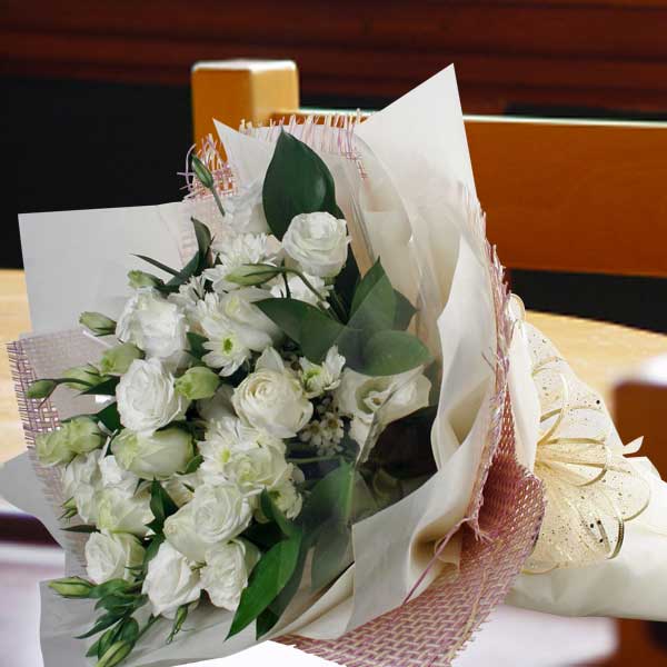 12 White Roses And  White Chrysanthemum Hand Bouquet