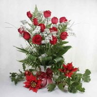12 red Roses with White Vase and Red Ribbon