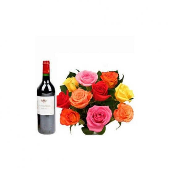MULTICOLORED ROSES WITH A BOTTLE OF WINE
