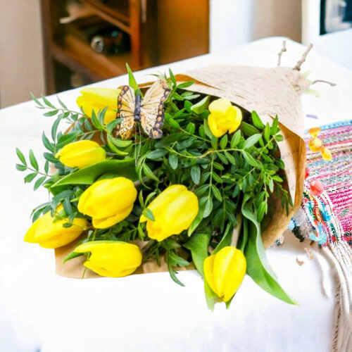 Spring Flower Bouquet with 9 Yellow Tulips and Pistachio Greenery