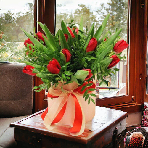 Box with 15 Tulips red tulips