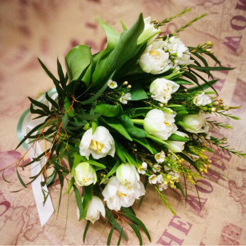 Signora Blanka – White Tulip Bouquet with Waxflower (9 tulips)