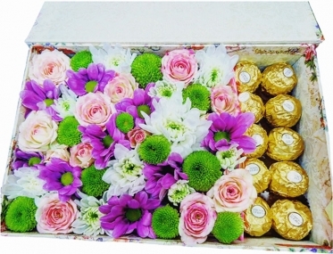 Chrysanthemums, Roses and Ferrero