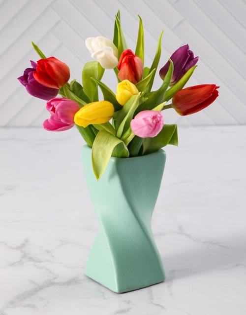 Tulips in a Blue Twisty Vase