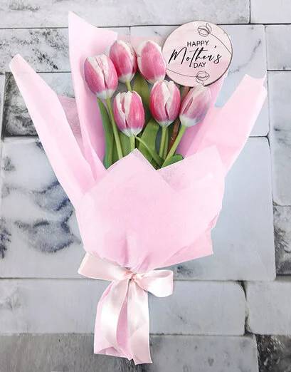 Best Mom Pink Tulips In White Wrapping