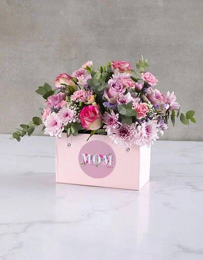 Moms Mixed Flowers In Pink Handbag Box