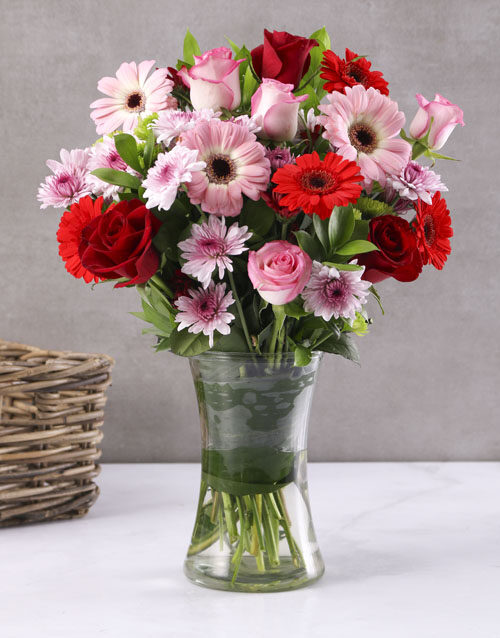 Pink and Red Gerberas, Roses and Sprays in Vase (Small)