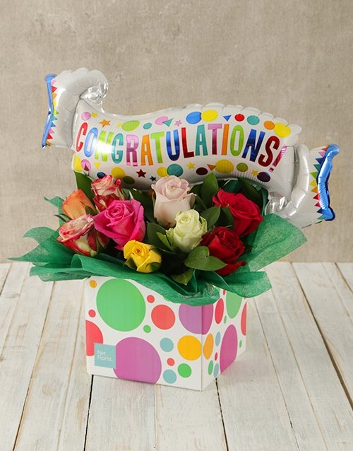 Congratulations Mixed Rose And Balloon Box (12 Roses)