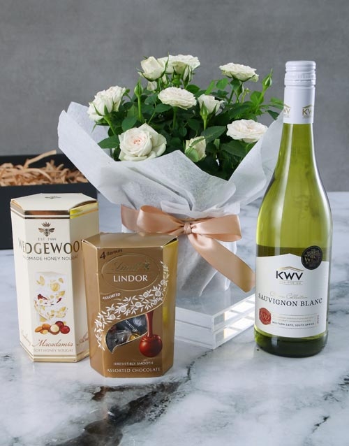 White Rose Bush With Chocs And Wine