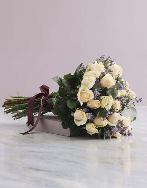 Cream Rose And Burgundy Ribbon Bouquet (Small)