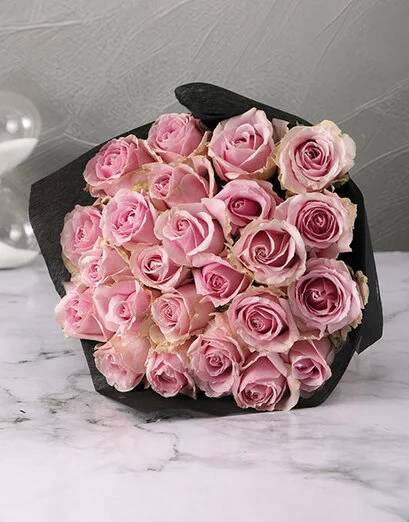 Pink Rose Bouquet with Black Wrapping