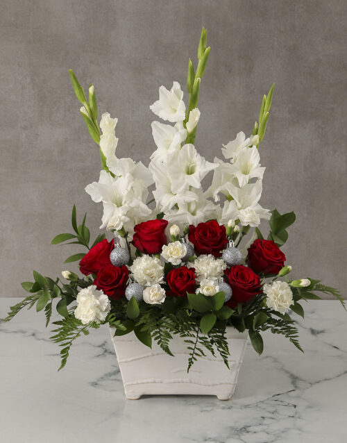 Festive White and Red Gladioli Arrangement