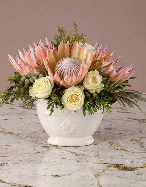 Whimsical Protea and White Rose Bouquet