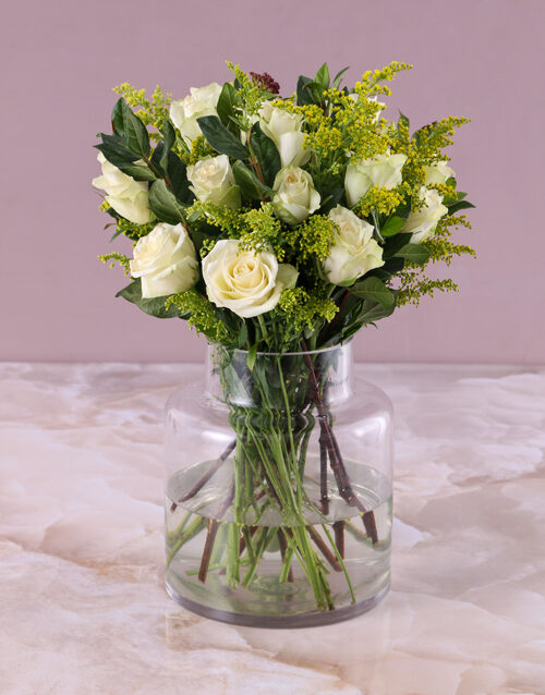 White Roses In Round Modern Vase