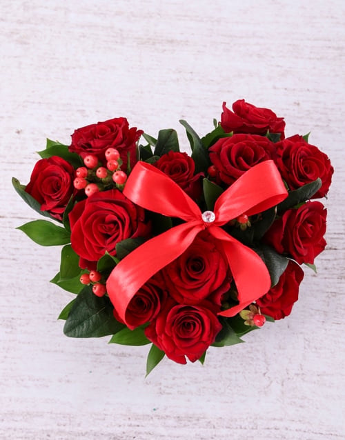 Red Roses In Heart Pot