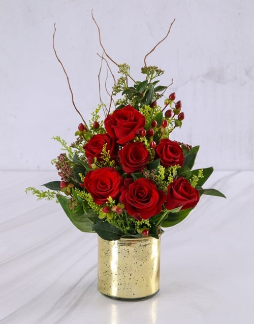Grand Golden Red Roses Arrangement