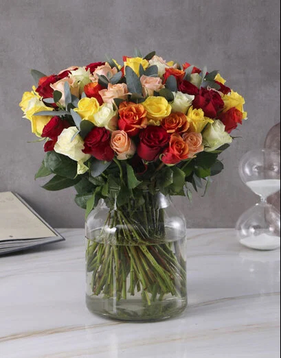 Half Century Mixed Roses In Bell Vase