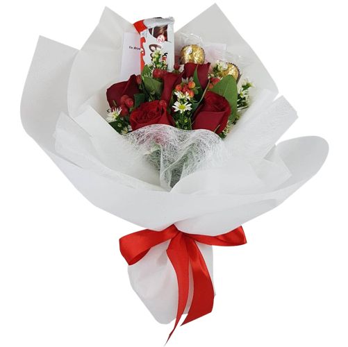 Red Roses with Chocolate in Bouquet
