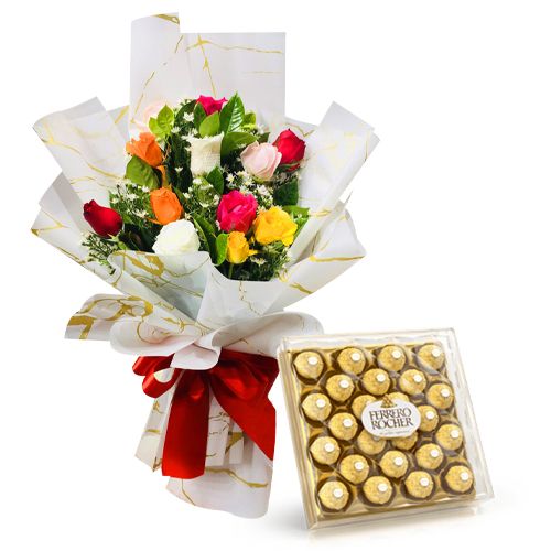1 Dozen Mix Color Roses Bouquet with 24 Ferrero Box