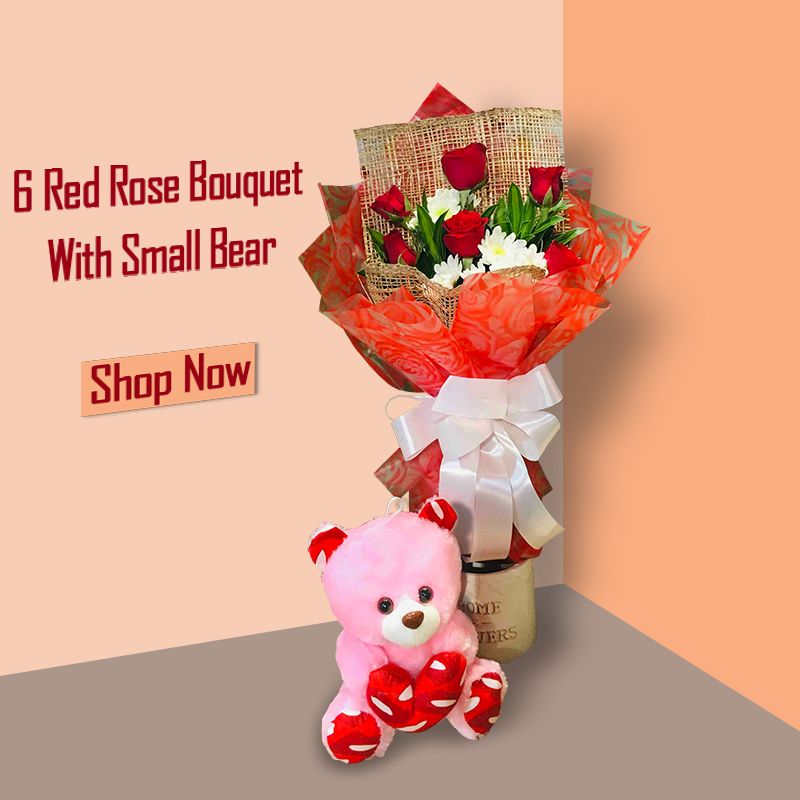 Accompanied 6 Red Roses with Teddy Bear
