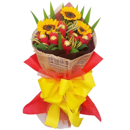 3 Pcs. Sunflower with 6 Pcs. Ferrero in Bouquet