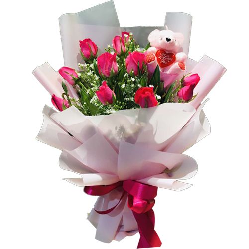 Bouquet of 12 Hot Pink Roses And FREE Mini Bear
