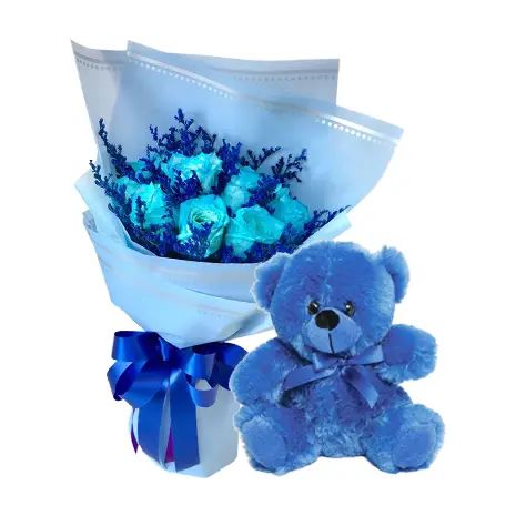 12 Blue Roses with Blue Teddy Bear