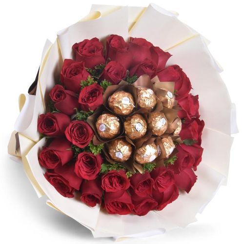 36 Red Roses with Ferrero in Bouquet
